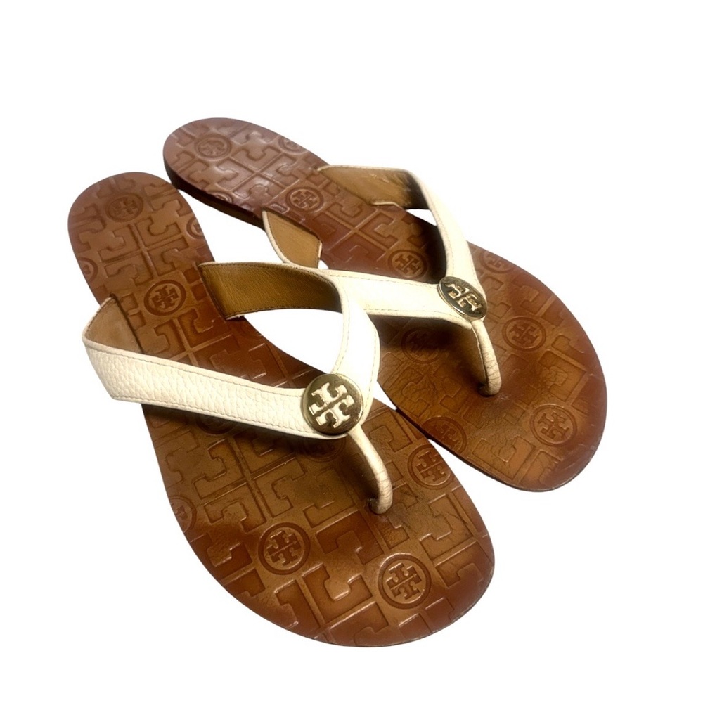 Tory Burch Thora  Cream Leather Logo Thong Sandals with Brown Footbed Size 9M